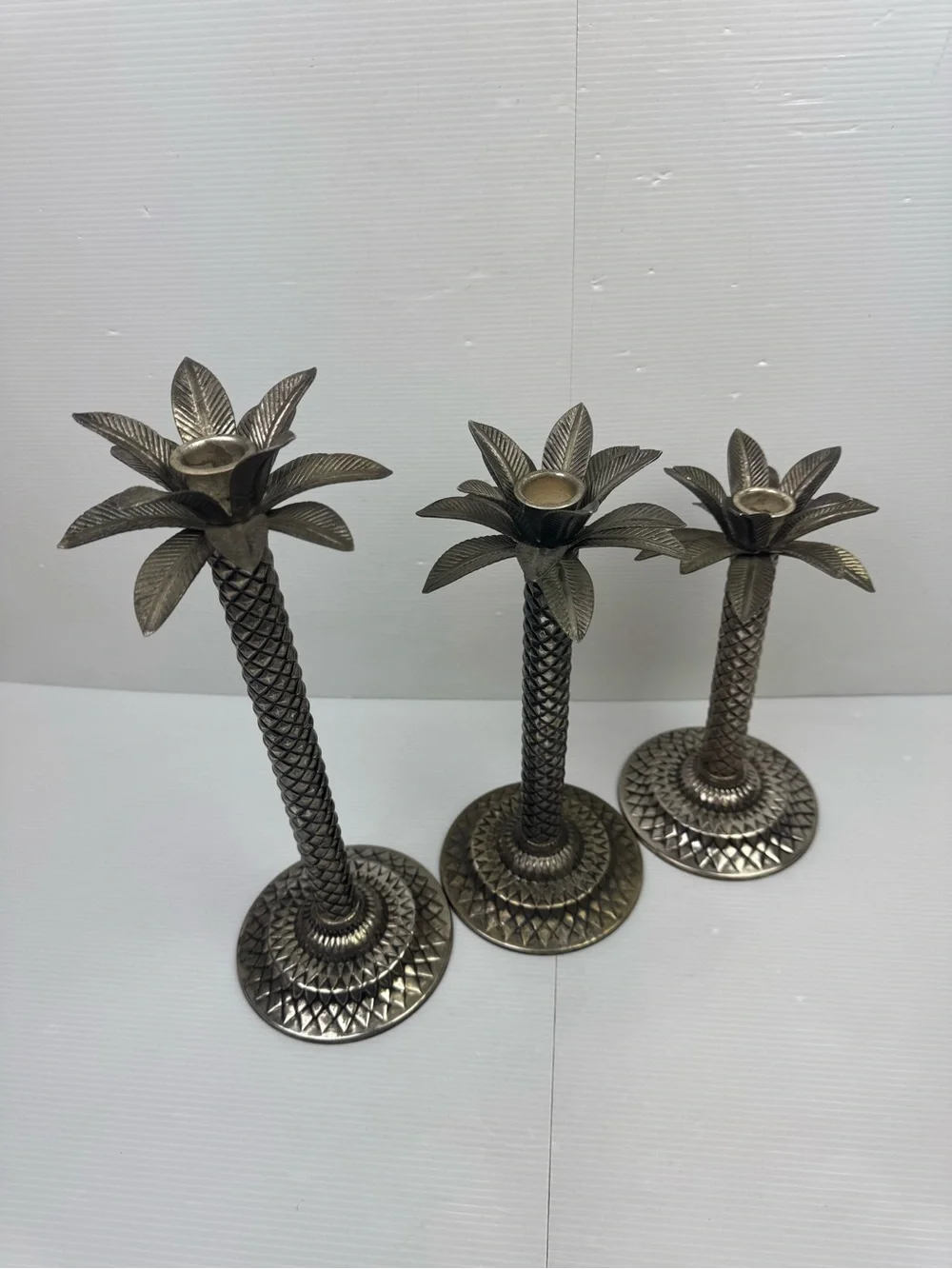 Vintage Silver Palm Tree Candlestick Holders – Tropical Coastal Decor Set